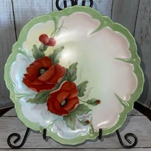 Vintage Hand Painted Porcelain Scalloped Floral Dish, Signed, Dated 8.5 inches.